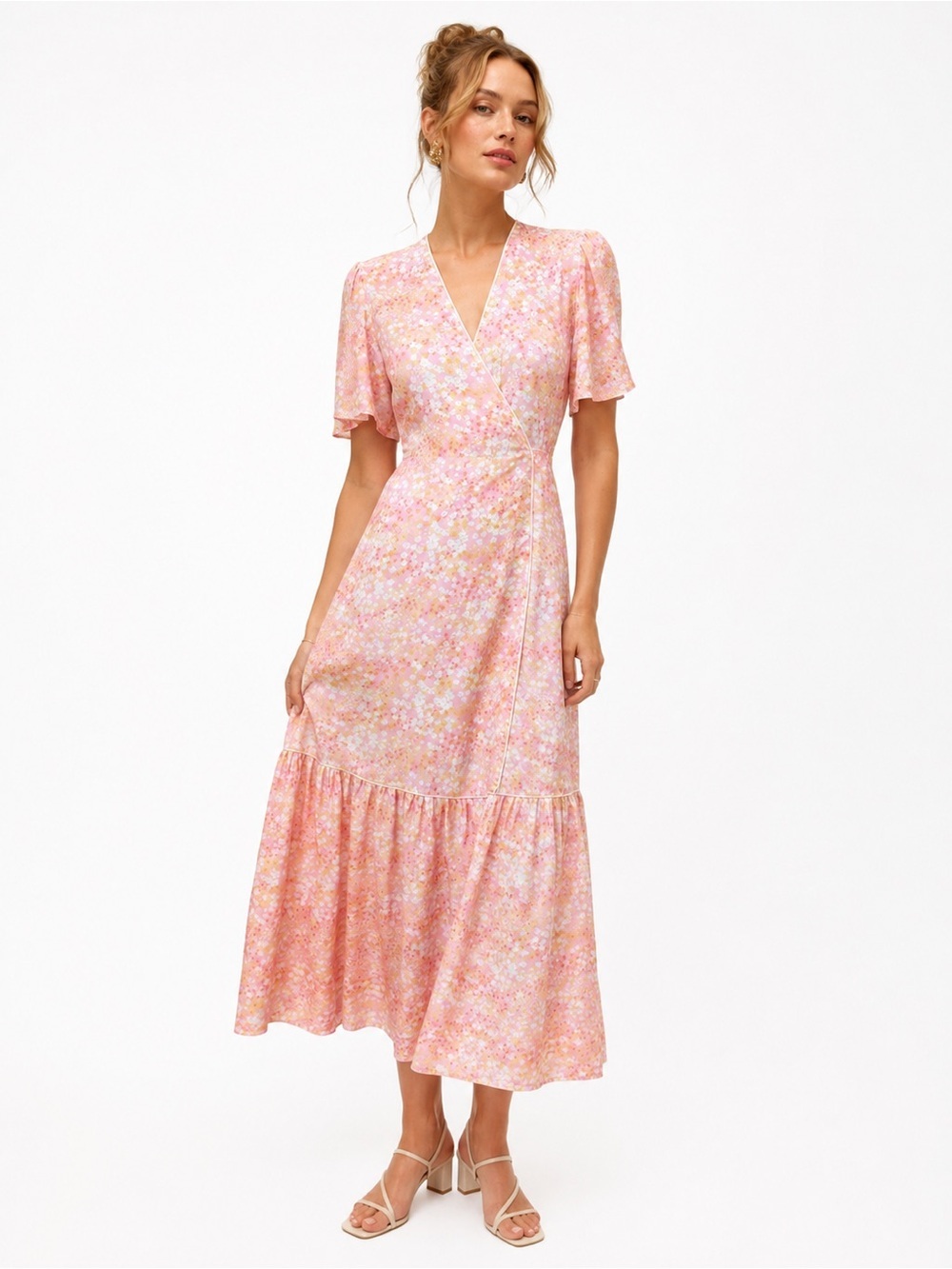 LaRoque Pink Floral Wrap Midi Dress S Flutter Sleeve Cottagecore Garden Party